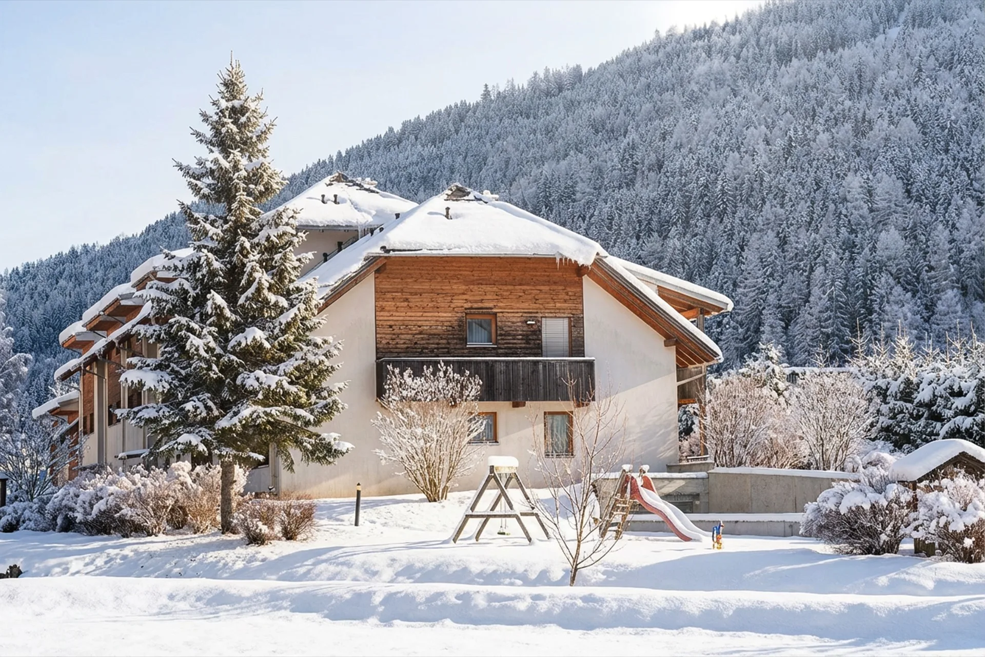 Außenansicht des Wohnhauses der Bergfreunde im Winter mit Schnee, großem Tannenbaum und verschneitem Bergpanorama in Kärnten – Außenfotografie Ferienwohnung Winter – Mathias Prägant Photography